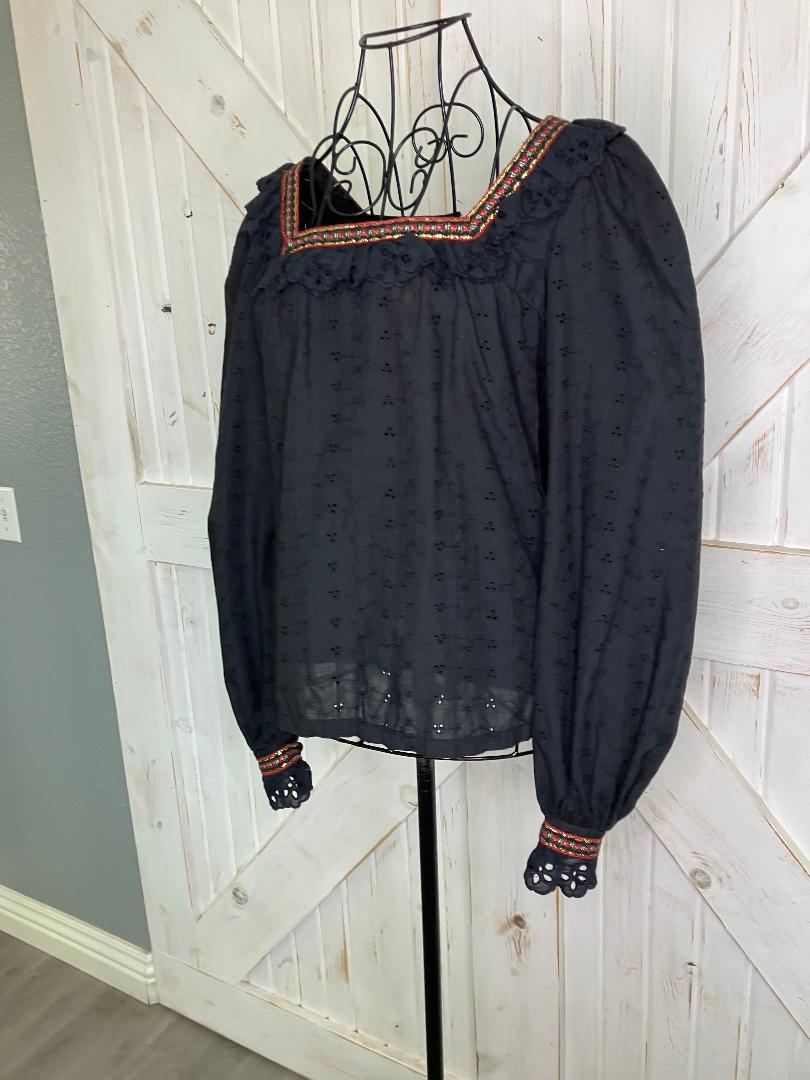 70's Vintage Gunne Sax Jessica's Gunnies Black Eyelet Prairie Blouse Top Shirt 9