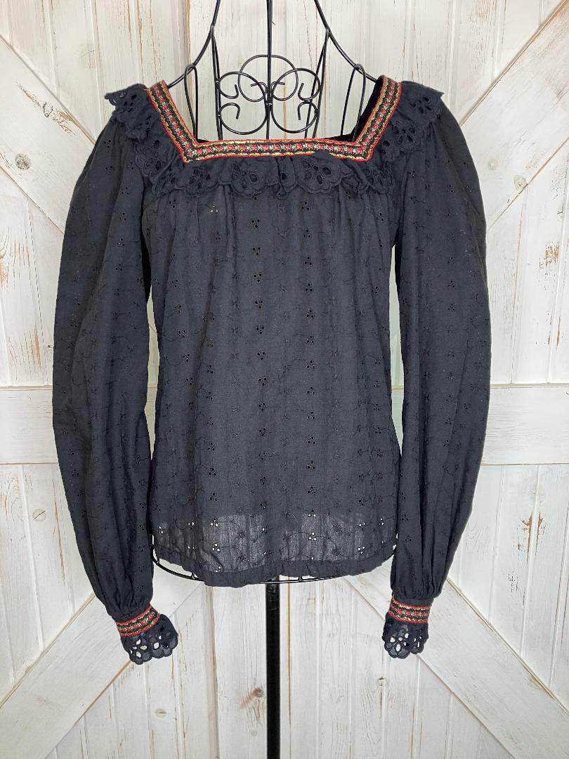 70's Vintage Gunne Sax Jessica's Gunnies Black Eyelet Prairie Blouse Top Shirt 9