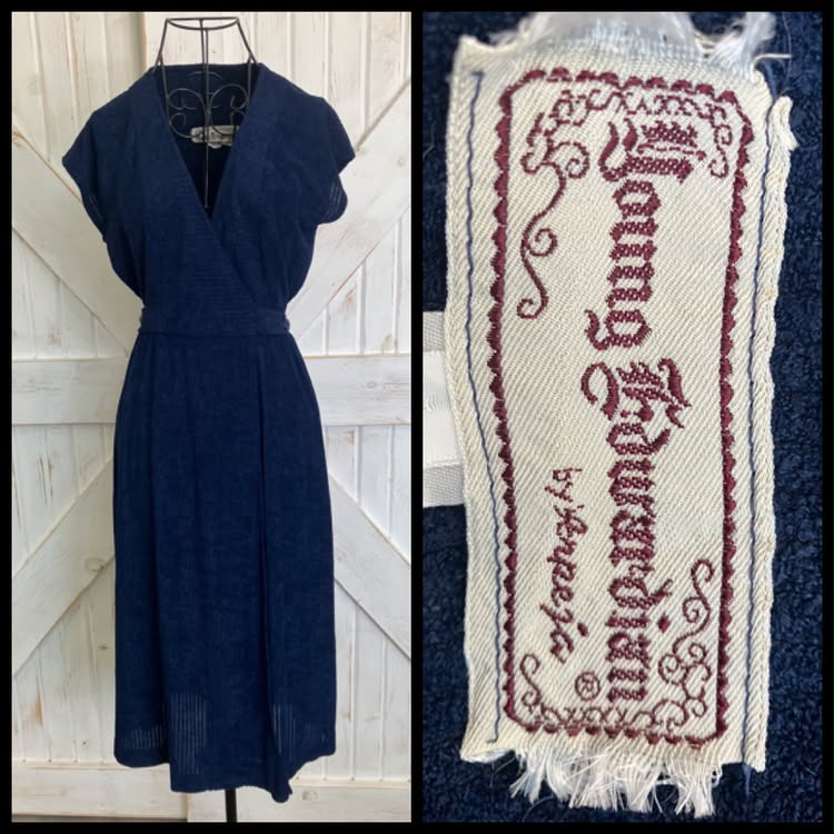70's Vintage Young Edwardian Arpeja Blue Poly Knit Wrap Midi Dress