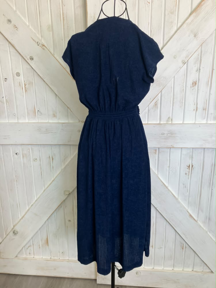 70's Vintage Young Edwardian Arpeja Blue Poly Knit Wrap Midi Dress