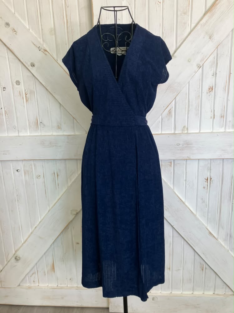 70's Vintage Young Edwardian Arpeja Blue Poly Knit Wrap Midi Dress