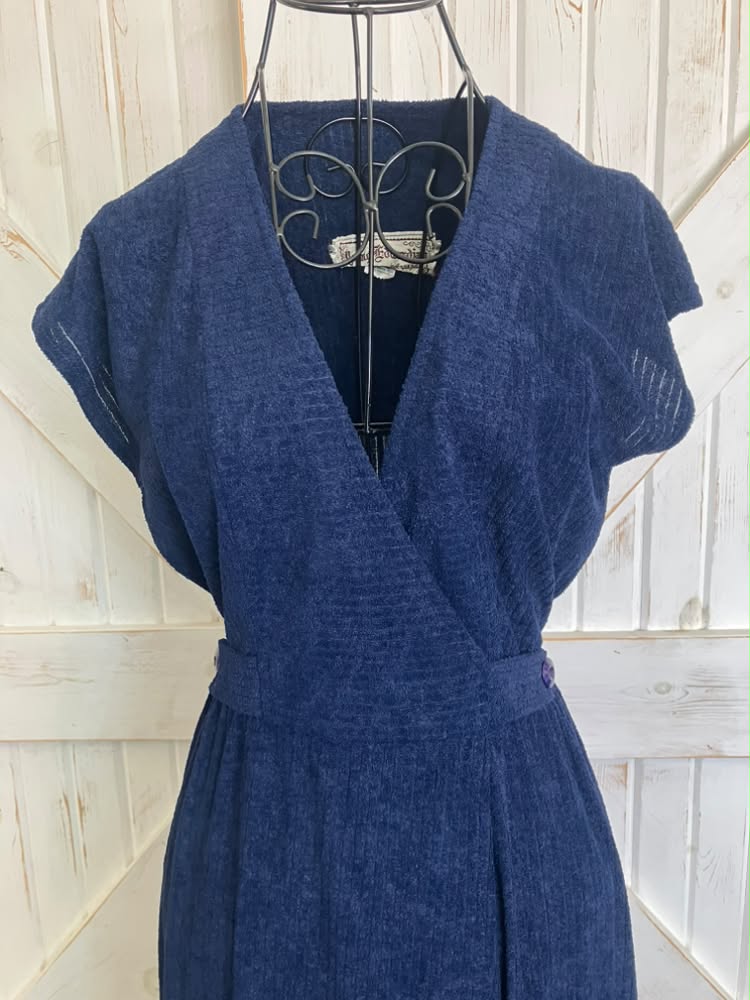 70's Vintage Young Edwardian Arpeja Blue Poly Knit Wrap Midi Dress