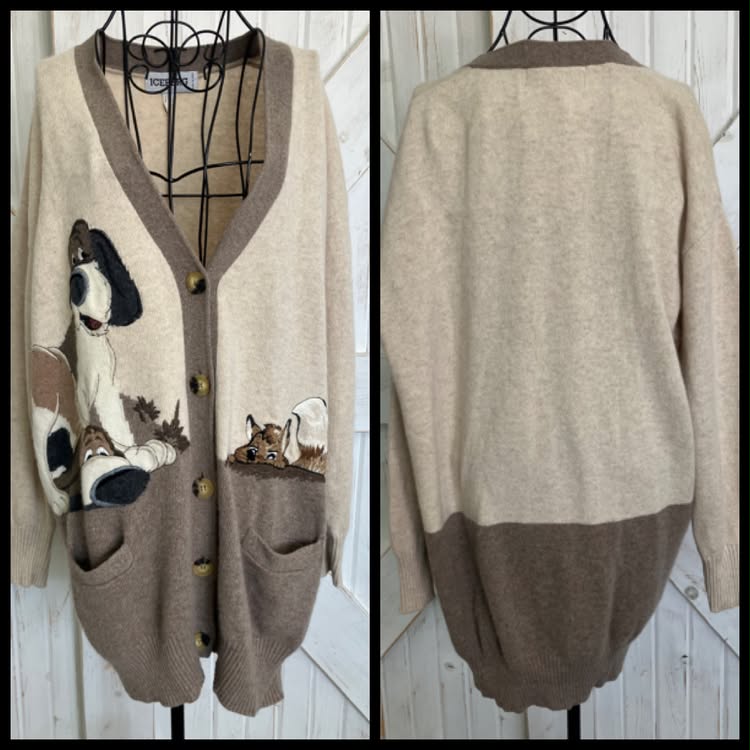 90's Vintage Iceberg History Italy x Disney Fox and Hound Blood Basset Dog Brown Wool Angora Cardigan Knit Sweater