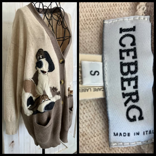 90's Vintage Iceberg History Italy x Disney Fox and Hound Blood Basset Dog Brown Wool Angora Cardigan Knit Sweater