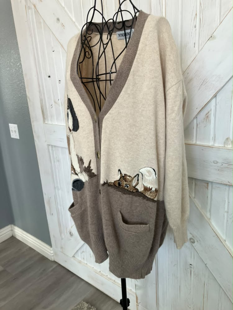 90's Vintage Iceberg History Italy x Disney Fox and Hound Blood Basset Dog Brown Wool Angora Cardigan Knit Sweater
