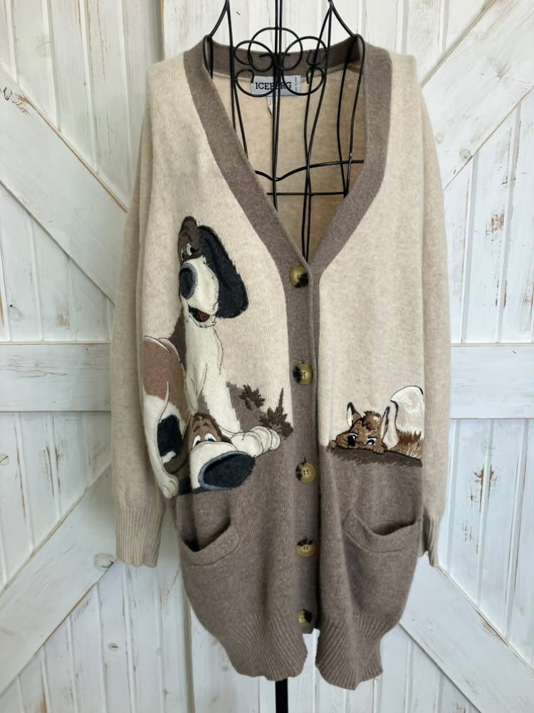 90's Vintage Iceberg History Italy x Disney Fox and Hound Blood Basset Dog Brown Wool Angora Cardigan Knit Sweater