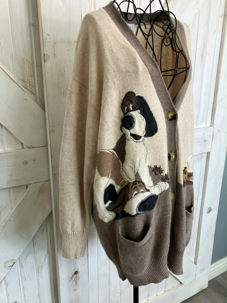90's Vintage Iceberg History Italy x Disney Fox and Hound Blood Basset Dog Brown Wool Angora Cardigan Knit Sweater