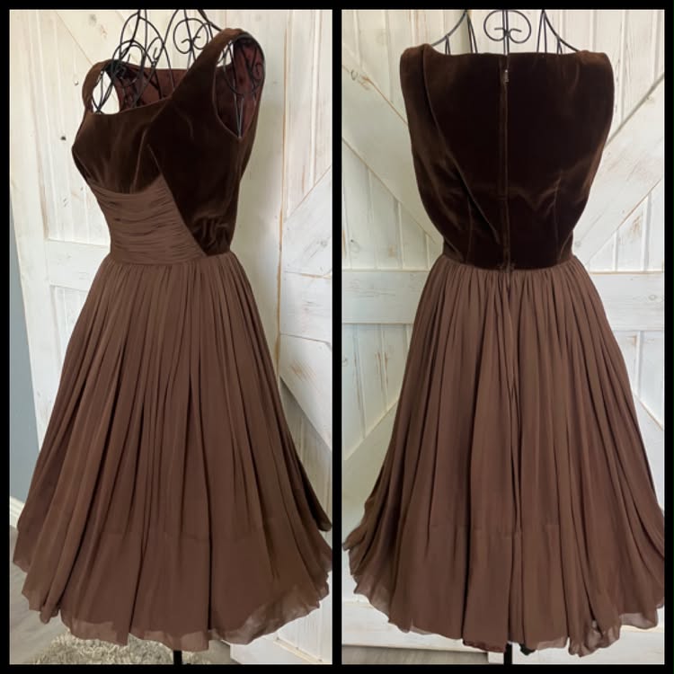 50's Vintage Brown Velvet Chiffon Cocktail Old Hollywood Party Mini Dress *FLAWS