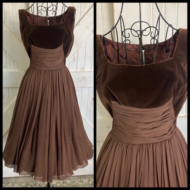50's Vintage Brown Velvet Chiffon Cocktail Old Hollywood Party Mini Dress *FLAWS