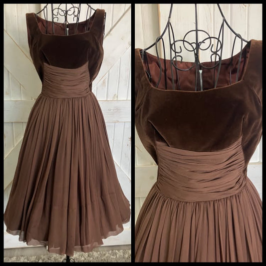 50's Vintage Brown Velvet Chiffon Cocktail Old Hollywood Party Mini Dress *FLAWS