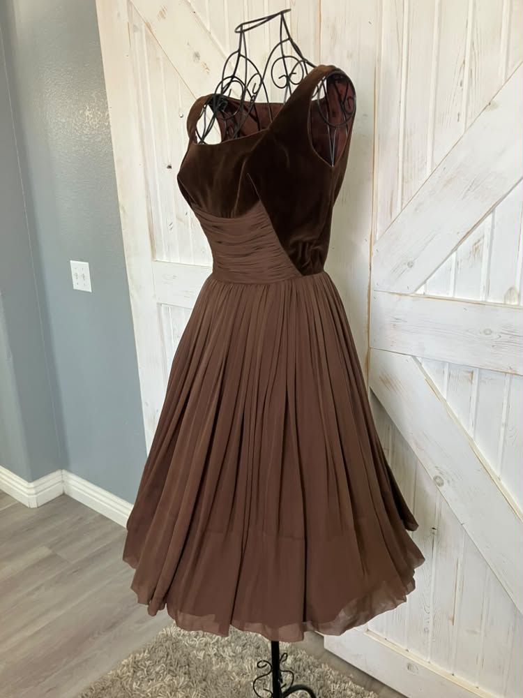 50's Vintage Brown Velvet Chiffon Cocktail Old Hollywood Party Mini Dress *FLAWS