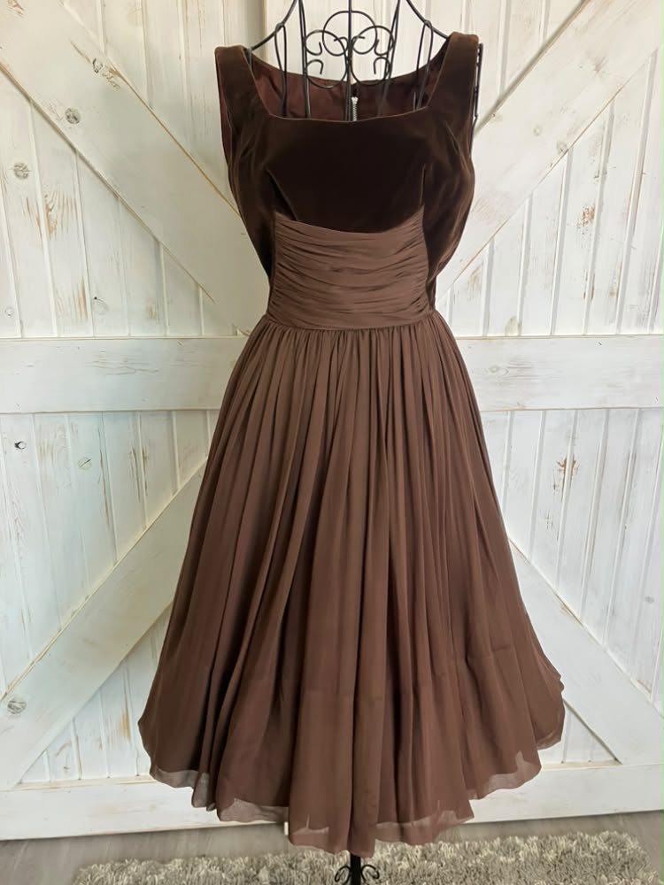 50's Vintage Brown Velvet Chiffon Cocktail Old Hollywood Party Mini Dress *FLAWS