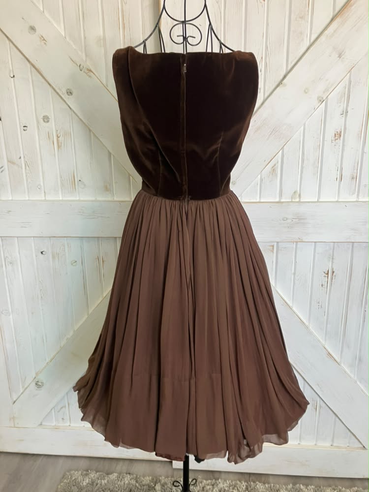 50's Vintage Brown Velvet Chiffon Cocktail Old Hollywood Party Mini Dress *FLAWS
