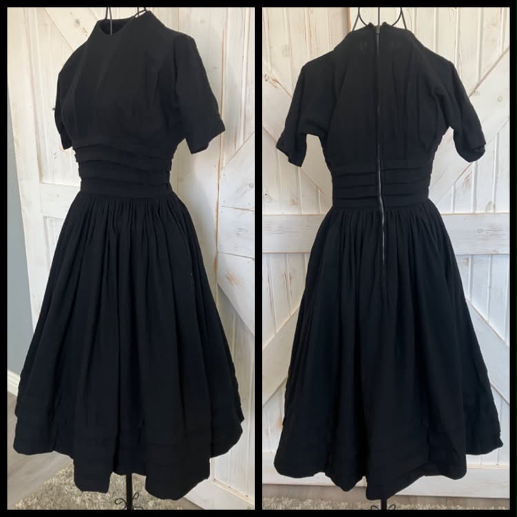 50's Vintage Anne Fogarty Black Wool Tea Swing Day Dress