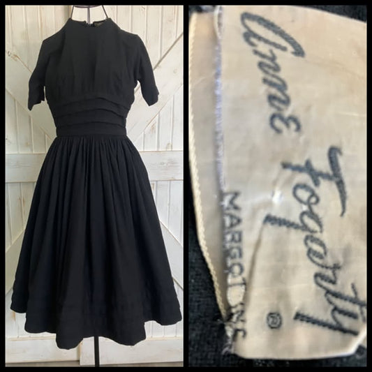50's Vintage Anne Fogarty Black Wool Tea Swing Day Dress