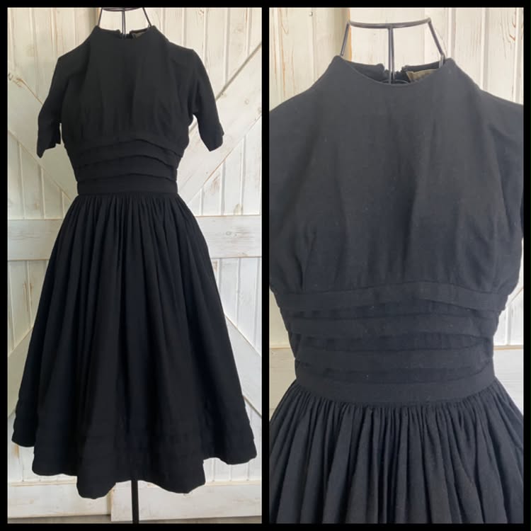 50's Vintage Anne Fogarty Black Wool Tea Swing Day Dress
