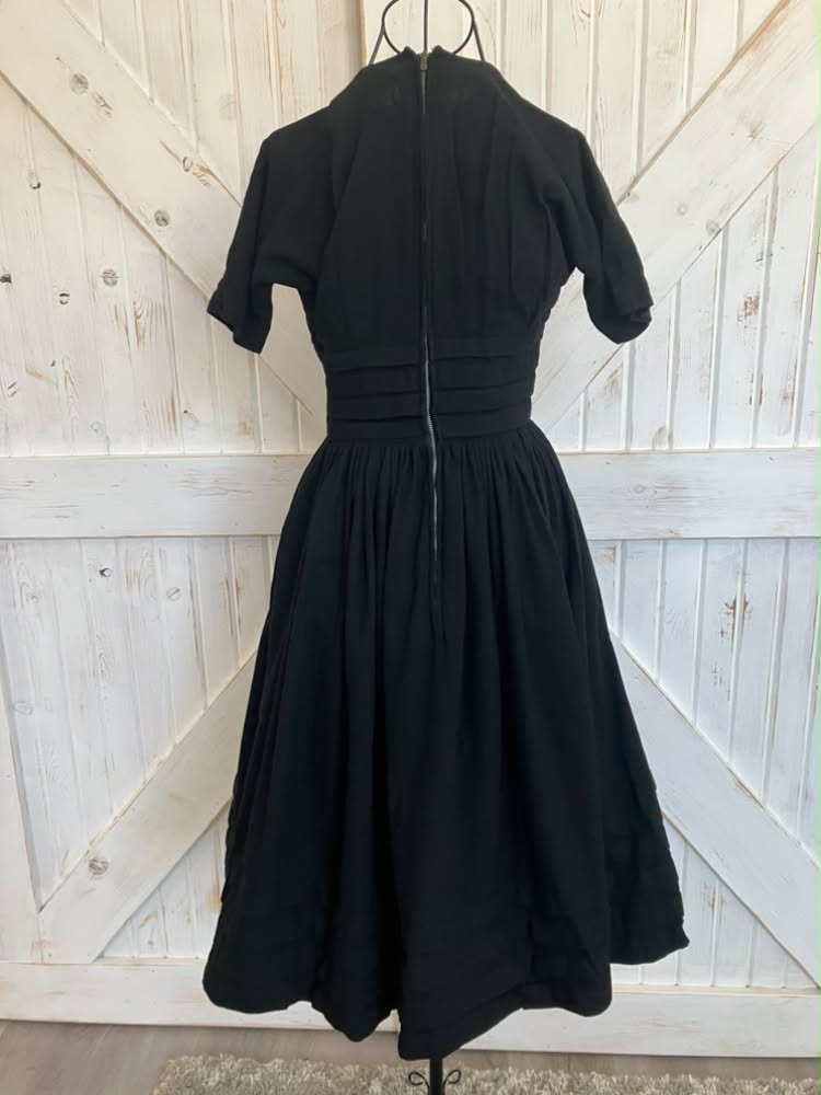 50's Vintage Anne Fogarty Black Wool Tea Swing Day Dress