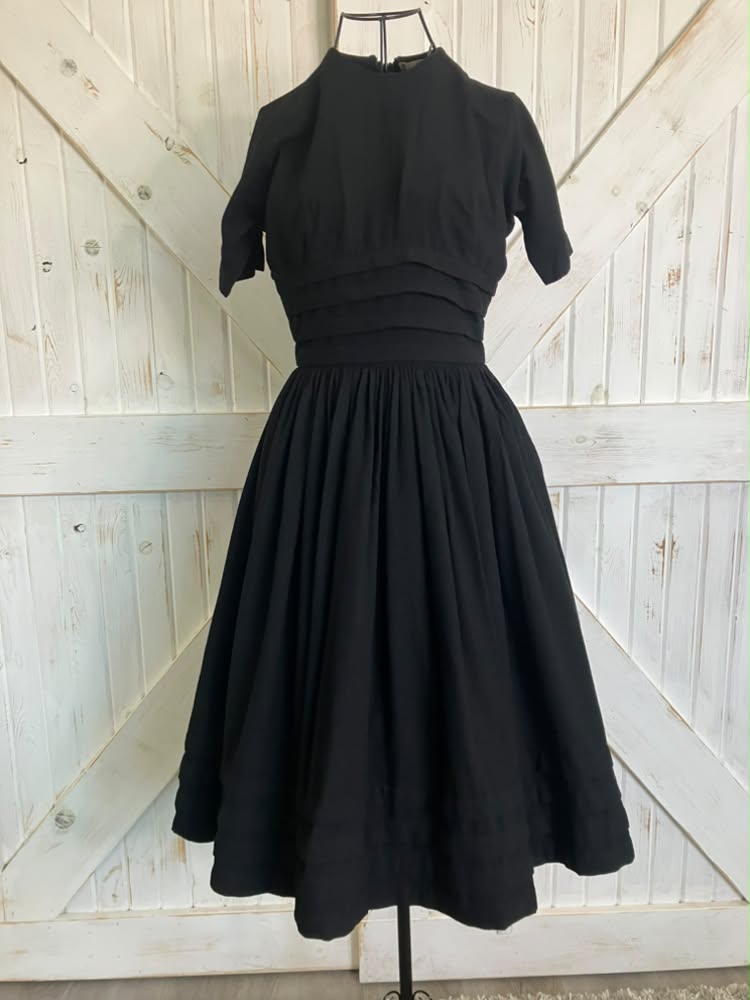 50's Vintage Anne Fogarty Black Wool Tea Swing Day Dress