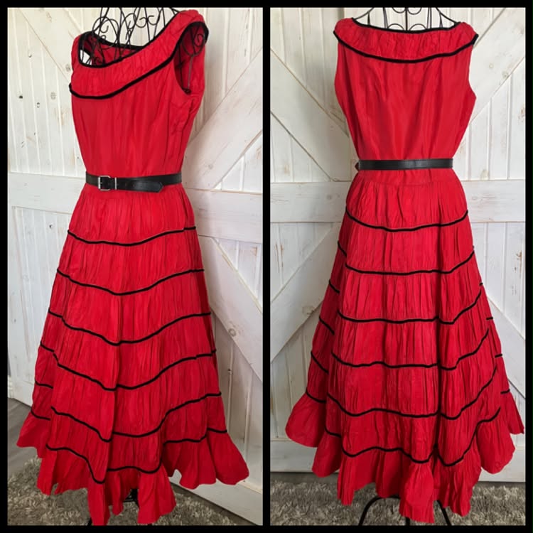 50's Vintage Jonathan Logan Red Black Patio Saloon Girl Tea Swing Midi Dress *FLAWS