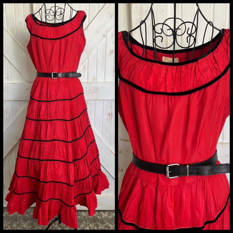 50's Vintage Jonathan Logan Red Black Patio Saloon Girl Tea Swing Midi Dress *FLAWS