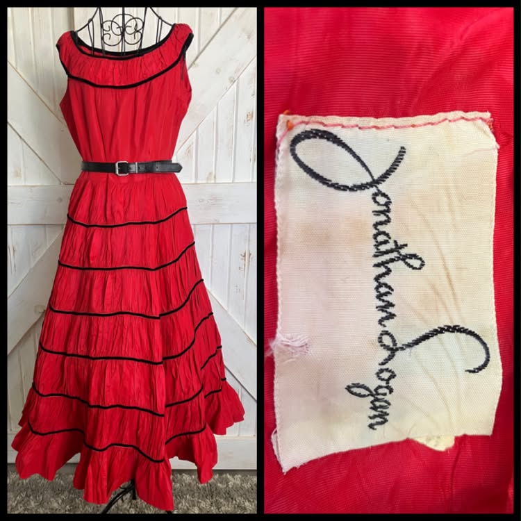 50's Vintage Jonathan Logan Red Black Patio Saloon Girl Tea Swing Midi Dress *FLAWS