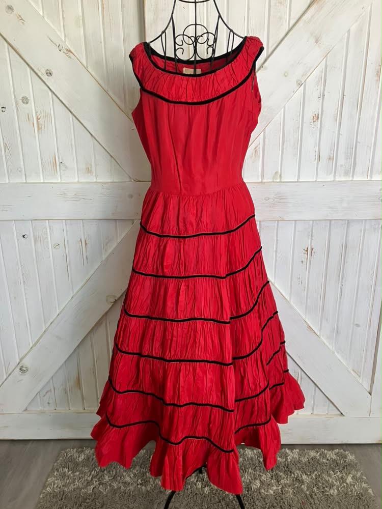 50's Vintage Jonathan Logan Red Black Patio Saloon Girl Tea Swing Midi Dress *FLAWS