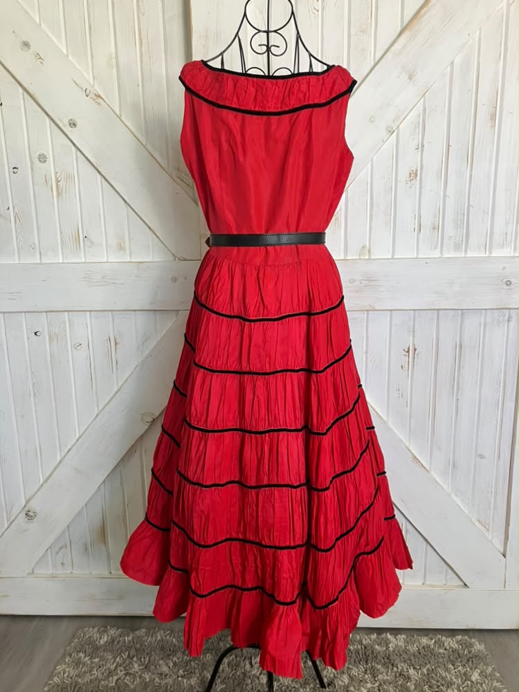 50's Vintage Jonathan Logan Red Black Patio Saloon Girl Tea Swing Midi Dress *FLAWS