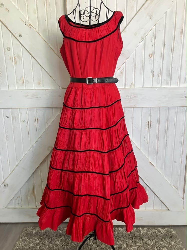 50's Vintage Jonathan Logan Red Black Patio Saloon Girl Tea Swing Midi Dress *FLAWS