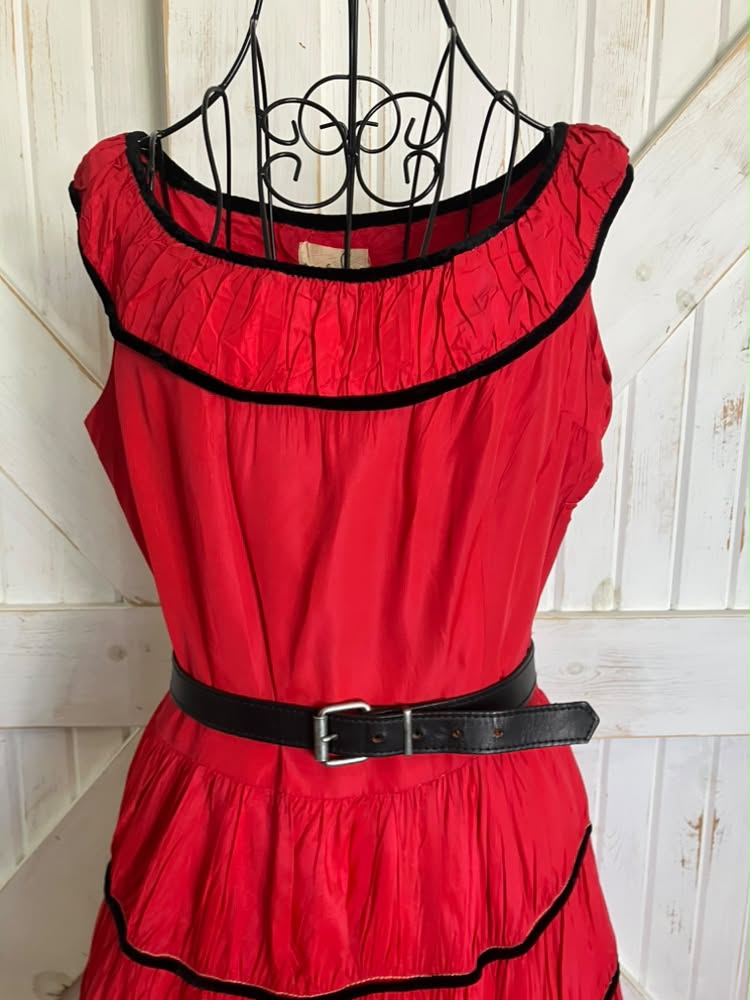50's Vintage Jonathan Logan Red Black Patio Saloon Girl Tea Swing Midi Dress *FLAWS