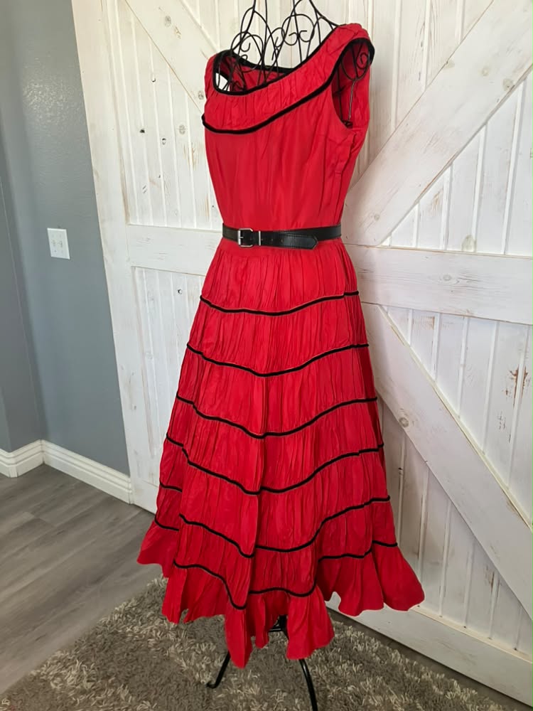 50's Vintage Jonathan Logan Red Black Patio Saloon Girl Tea Swing Midi Dress *FLAWS