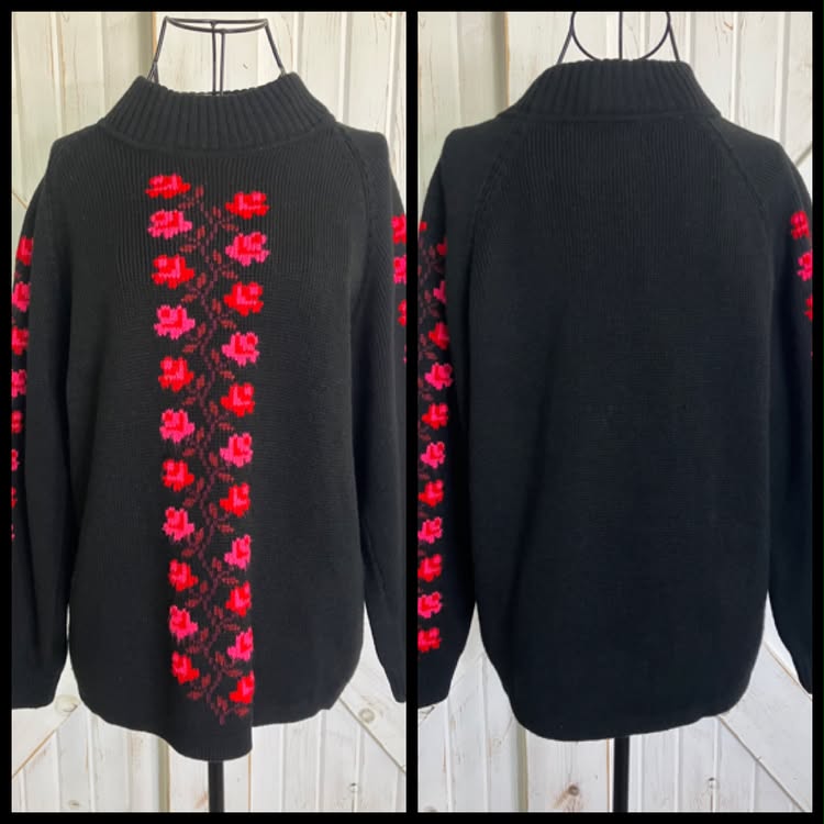 70's Vintage 1949 HKK May Co California Black Red Pink Mod Flower Wool Apres Ski Alpine Knit Sweater Top