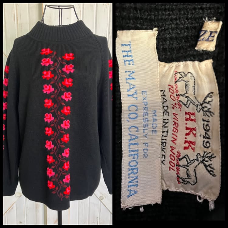 70's Vintage 1949 HKK May Co California Black Red Pink Mod Flower Wool Apres Ski Alpine Knit Sweater Top