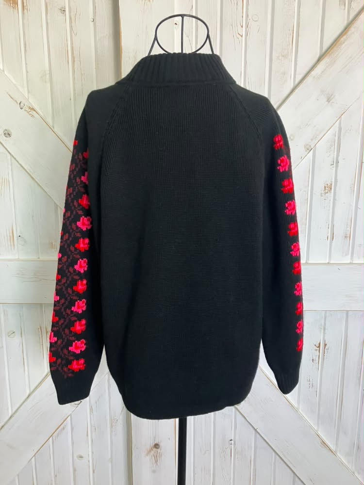 70's Vintage 1949 HKK May Co California Black Red Pink Mod Flower Wool Apres Ski Alpine Knit Sweater Top