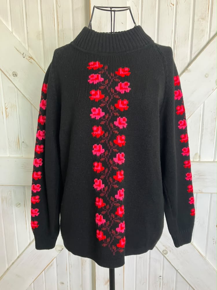 70's Vintage 1949 HKK May Co California Black Red Pink Mod Flower Wool Apres Ski Alpine Knit Sweater Top