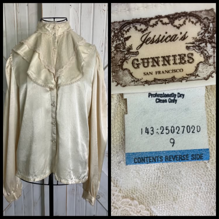 70's Vintage Gunne Sax Jessica's Gunnies Ivory Satin Lace Ruffle Victorian Edwardian Prairie Blouse Top Shirt 9