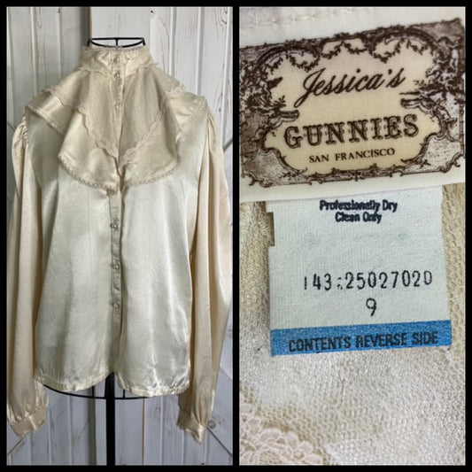70's Vintage Gunne Sax Jessica's Gunnies Ivory Satin Lace Ruffle Victorian Edwardian Prairie Blouse Top Shirt 9