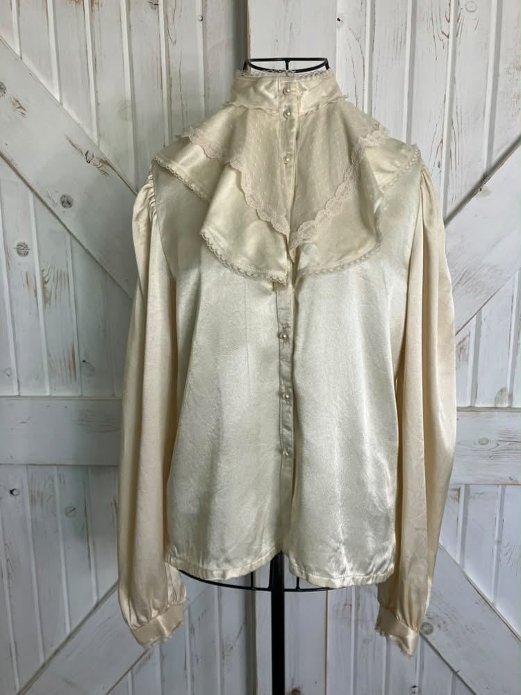 70's Vintage Gunne Sax Jessica's Gunnies Ivory Satin Lace Ruffle Victorian Edwardian Prairie Blouse Top Shirt 9