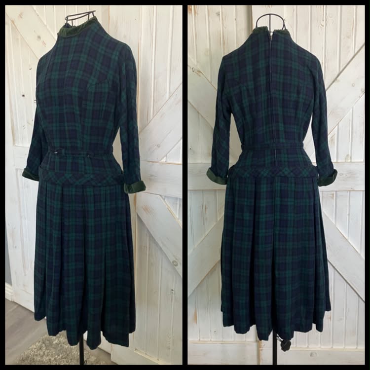 50's Vintage Teena Paige Wool Blue Green Plaid Dapper Tea Day Dress + Original Belt