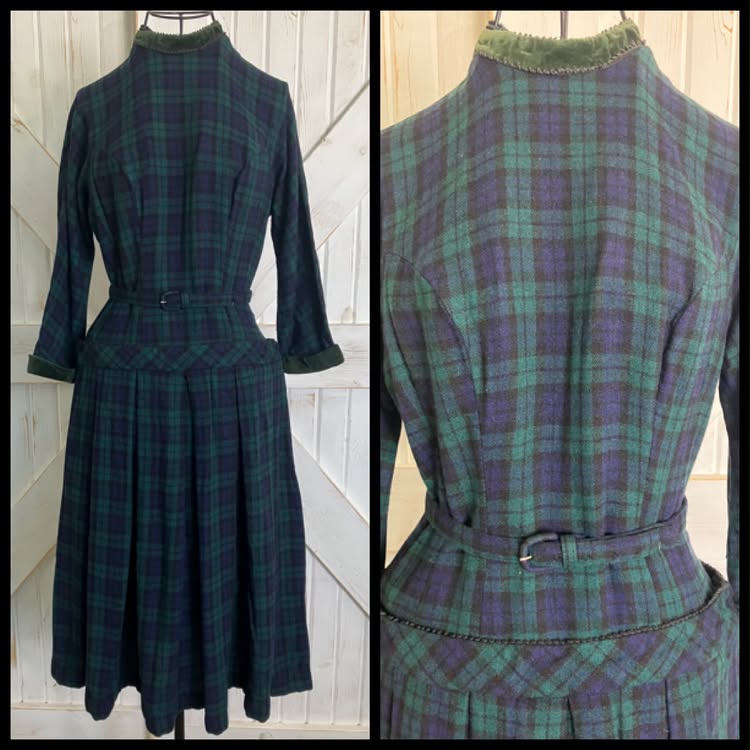 50's Vintage Teena Paige Wool Blue Green Plaid Dapper Tea Day Dress + Original Belt