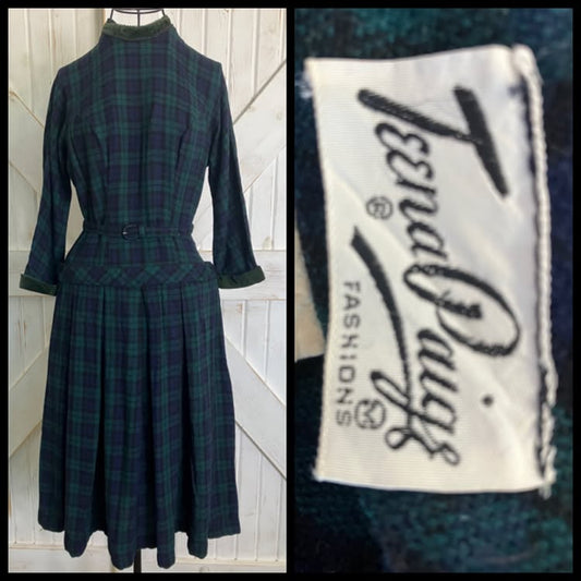 50's Vintage Teena Paige Wool Blue Green Plaid Dapper Tea Day Dress + Original Belt