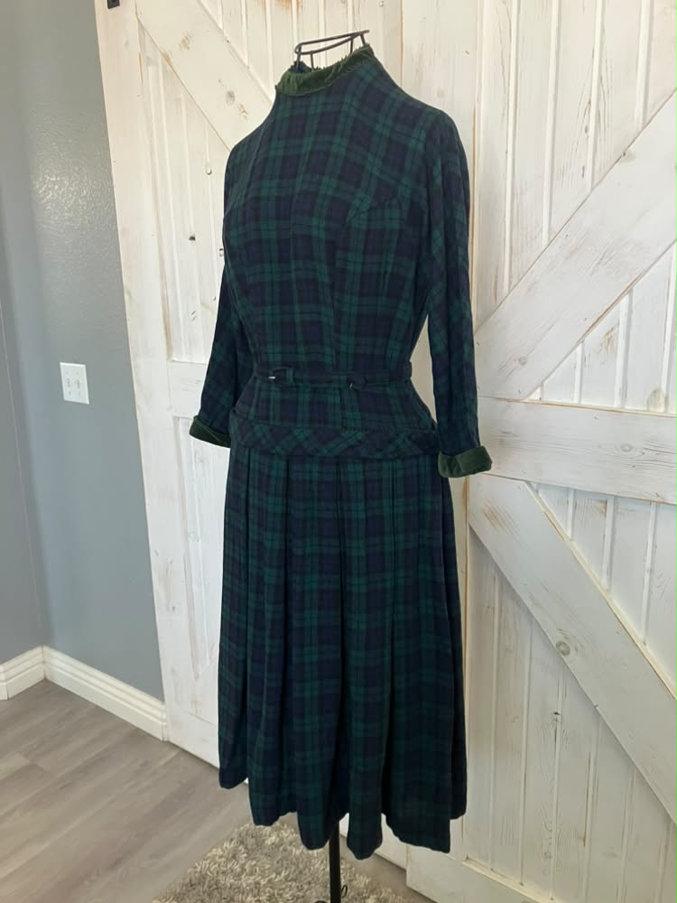 50's Vintage Teena Paige Wool Blue Green Plaid Dapper Tea Day Dress + Original Belt