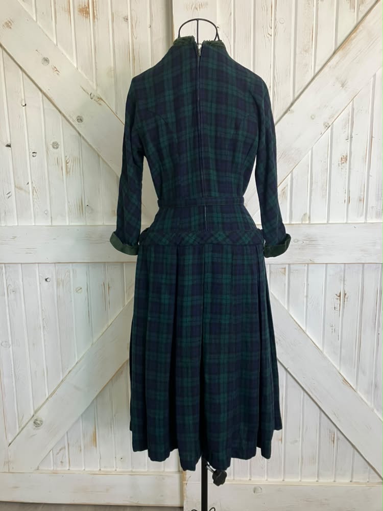 50's Vintage Teena Paige Wool Blue Green Plaid Dapper Tea Day Dress + Original Belt