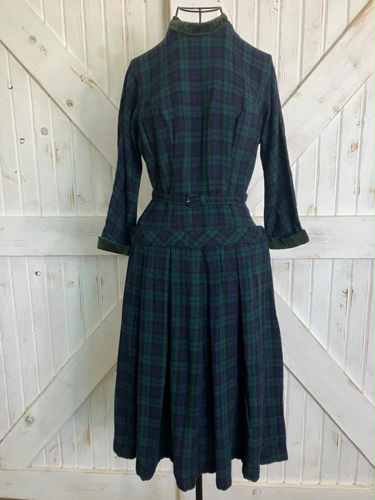 50's Vintage Teena Paige Wool Blue Green Plaid Dapper Tea Day Dress + Original Belt