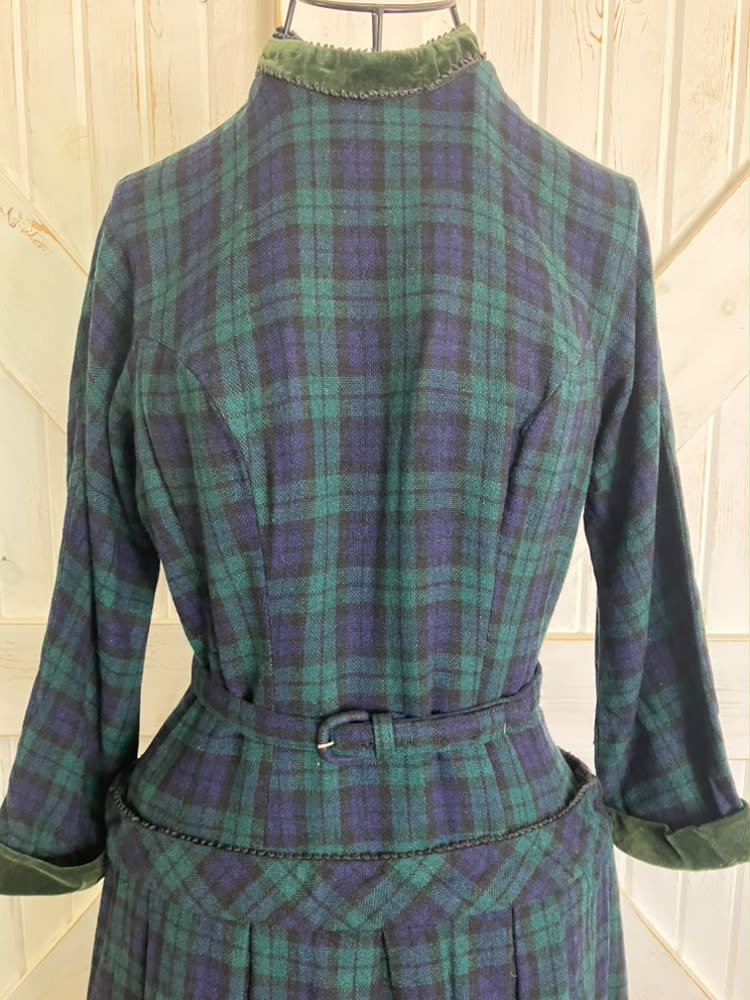 50's Vintage Teena Paige Wool Blue Green Plaid Dapper Tea Day Dress + Original Belt