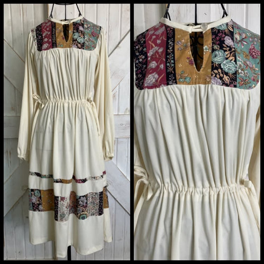 70's Vintage White Ivory Rainbow Berry Fruit Calico Patchwork Prairie Disco Cottagecore Midi Dress