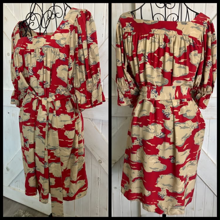90's Vintage Betsey Johnson Red Blue Baby Girl in the Clouds Silk Mini Dress + Original Belt *FLAW