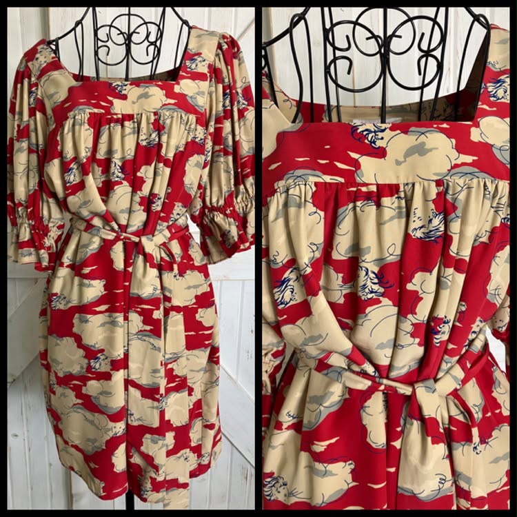 90's Vintage Betsey Johnson Red Blue Baby Girl in the Clouds Silk Mini Dress + Original Belt *FLAW