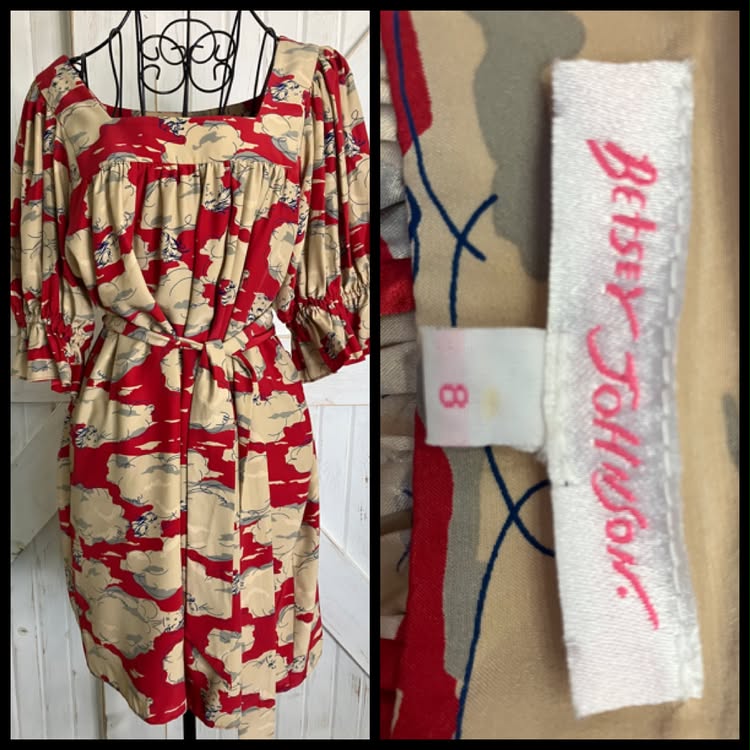 90's Vintage Betsey Johnson Red Blue Baby Girl in the Clouds Silk Mini Dress + Original Belt *FLAW