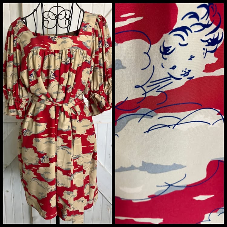 90's Vintage Betsey Johnson Red Blue Baby Girl in the Clouds Silk Mini Dress + Original Belt *FLAW