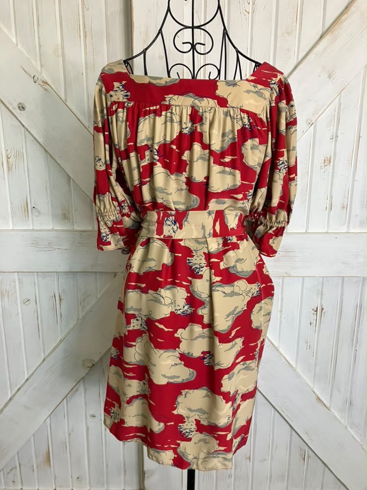90's Vintage Betsey Johnson Red Blue Baby Girl in the Clouds Silk Mini Dress + Original Belt *FLAW
